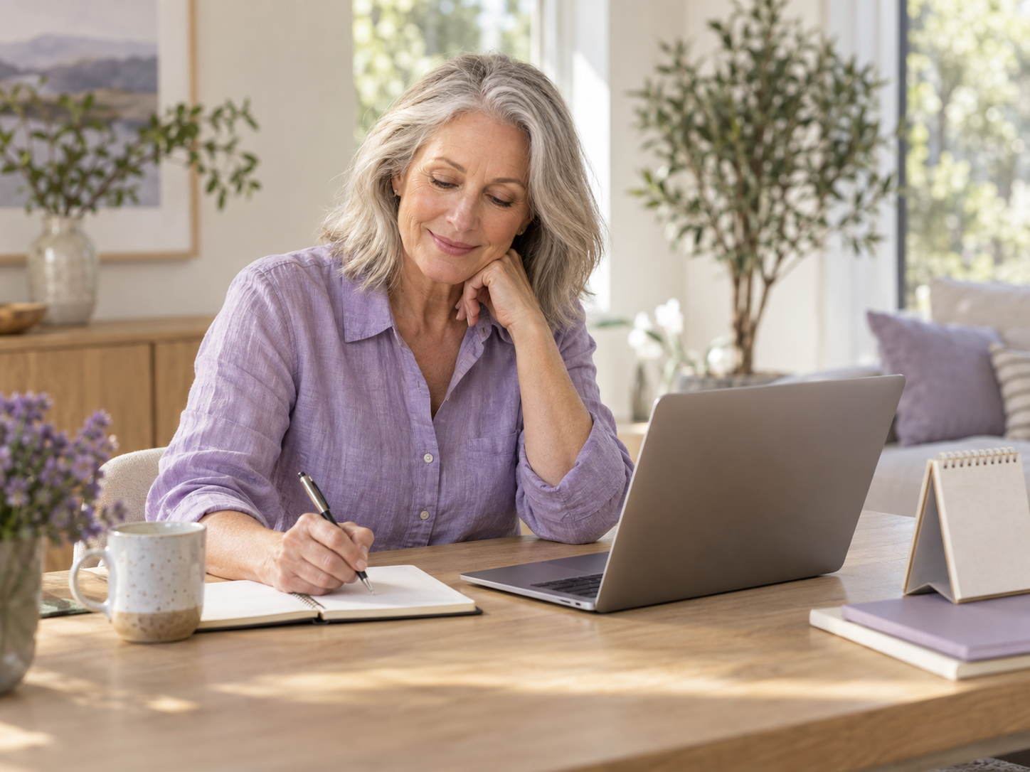 A woman reviewing retirement timing with a notebook and laptop at home