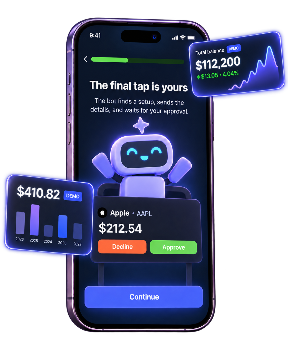 AI trading practice preview with a bot and approve or decline controls