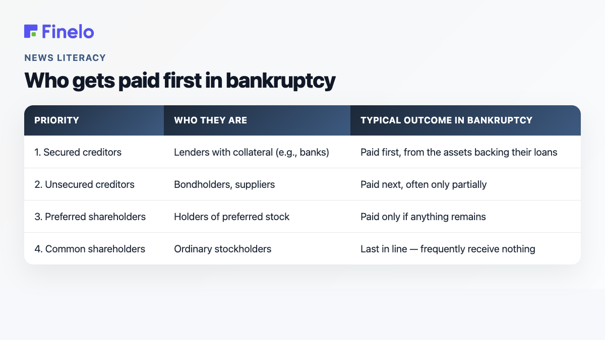 Bankruptcy payout priority order: secured creditors, unsecured creditors, preferred shareholders, common shareholders