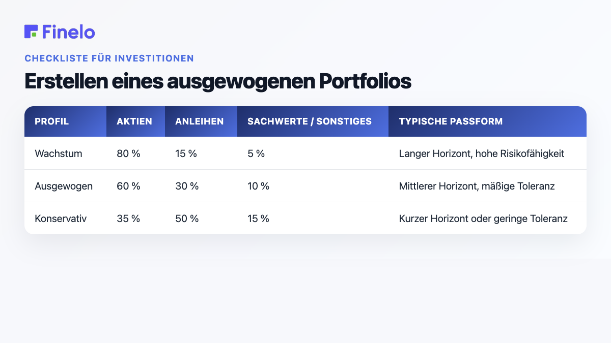 Erstellen eines ausgewogenen Portfolios: Profil, Aktien, Anleihen, Sachwerte/Sonstiges, typische Passform