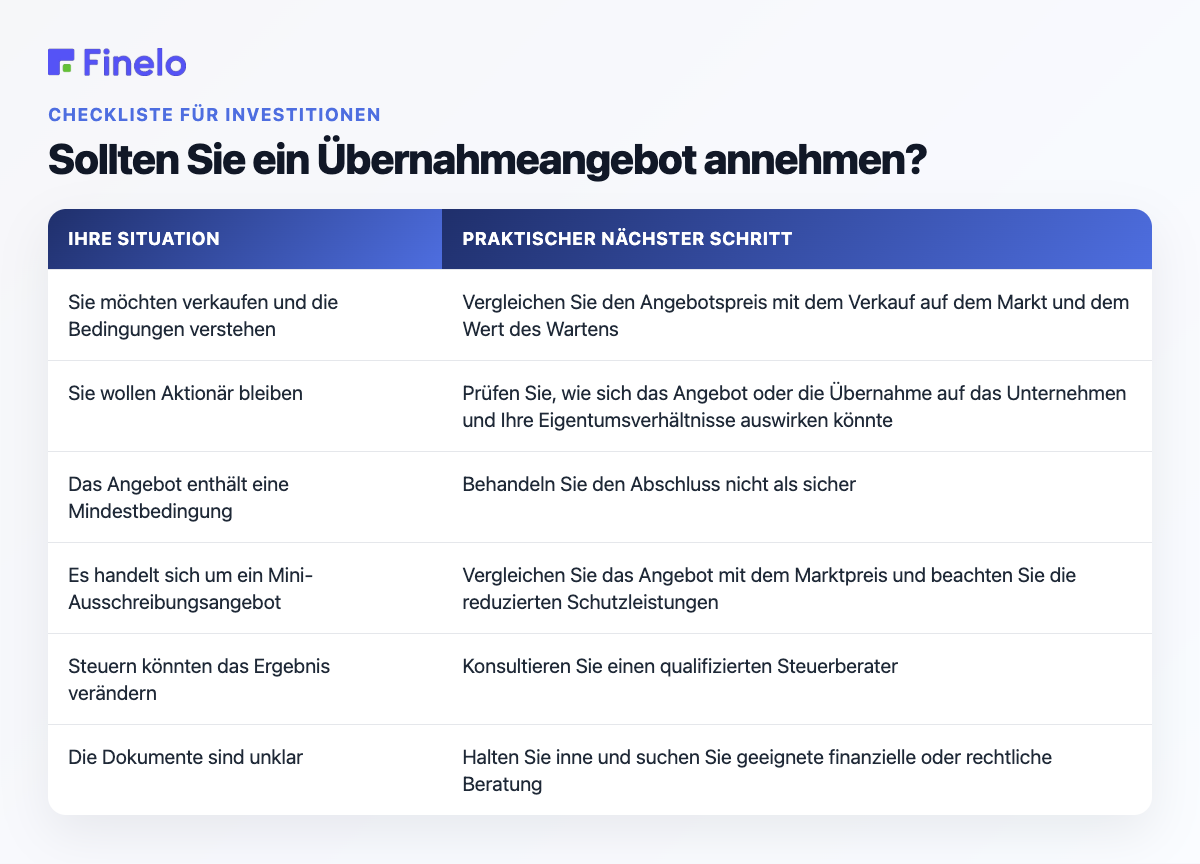 Sollten Sie ein Übernahmeangebot annehmen?: Ihre Situation, praktischer nächster Schritt