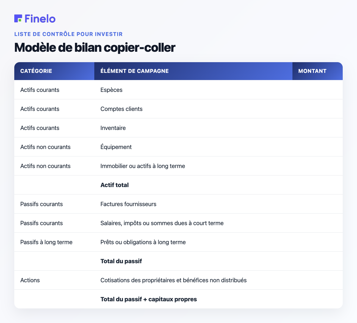 Modèle de bilan copier-coller : Catégorie, Poste, Montant