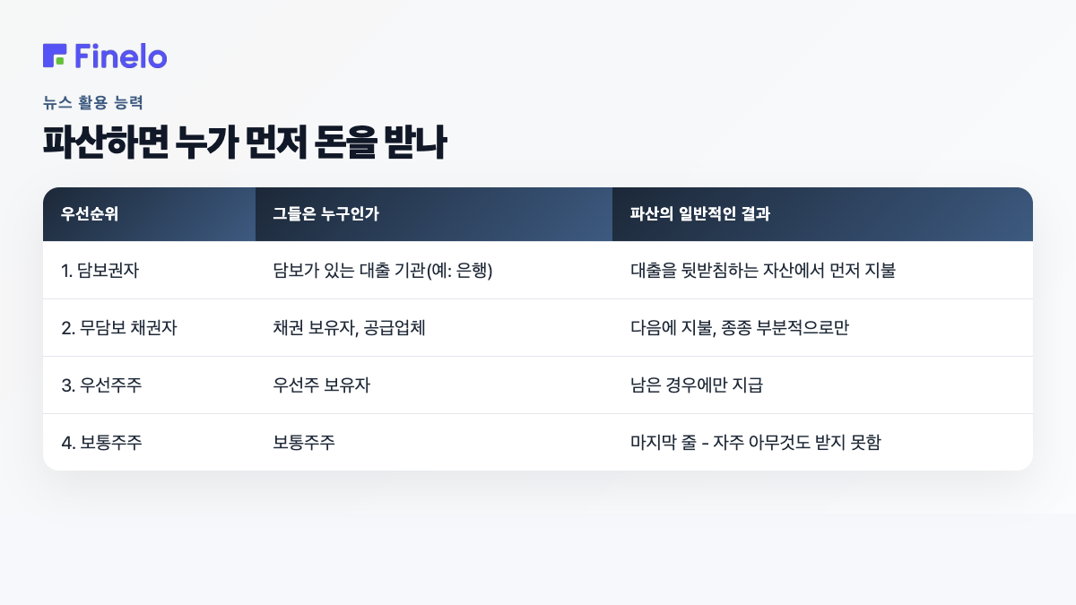 파산채권 우선순위 : 담보채권자, 무담보채권자, 우선주주, 보통주주