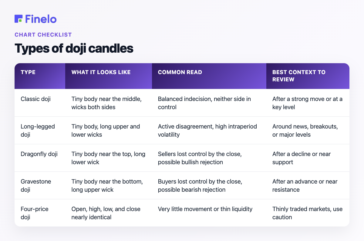 Types of doji candles: Type, What it looks like, Common read, Best context to review