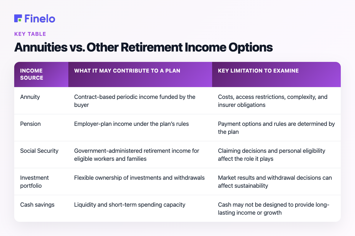 Annuities vs. Other Retirement Income Options: Income source, What it may contribute to a plan, Key limitation to examine