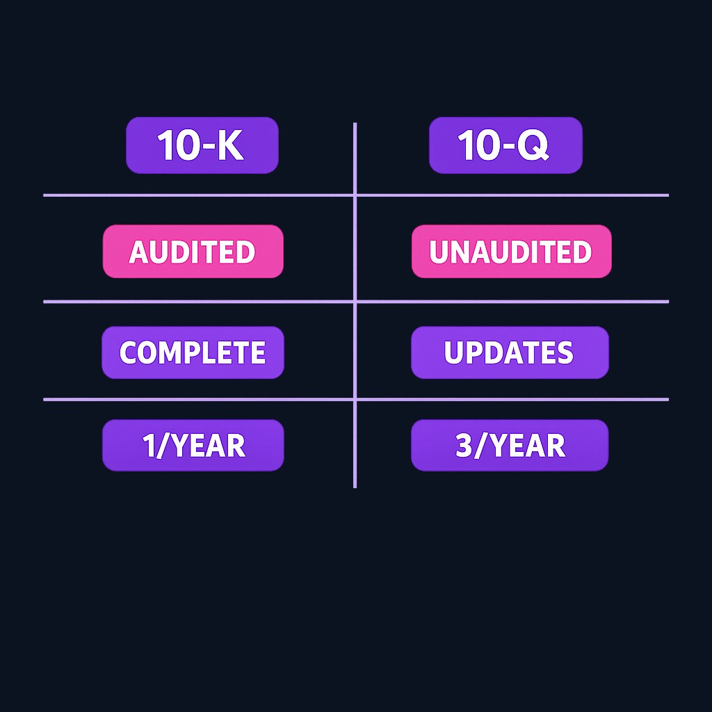 Three critical differences between annual 10-K and quarterly 10-Q filings: audit status, content completeness, and reporting frequency. Each serves a distinct purpose in the investor's information toolkit.