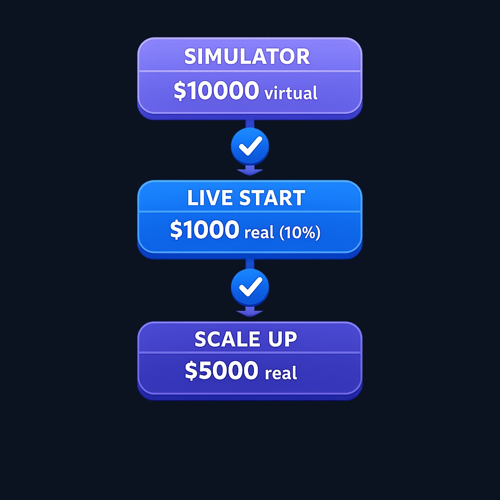 A safe transition starts small. After 1–3 months of consistent simulated results, begin real trading at 10–25% of your target position size. Scale up gradually only when real-money performance matches your simulator track record.
