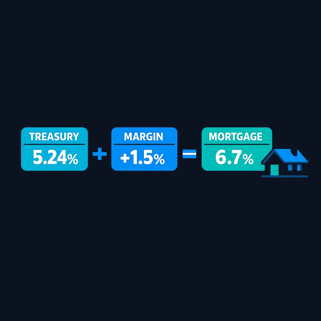 When the 30-year Treasury yield rises to 5.24%, mortgage lenders add their margin (typically 1–2 percentage points) to arrive at consumer rates around 6.5%. This direct linkage explains why your mortgage quote can rise even when the Fed holds rates steady.