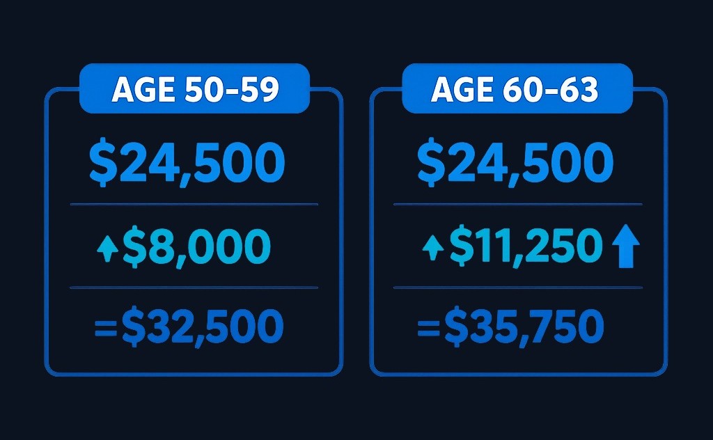 Workers 50–59 can add $8,000 in catch-ups, bringing their total to $32,500. Workers 60–63 may contribute an extra $11,250 under the SECURE 2.0 super catch-up, for a total of $35,750—if their plan offers it.