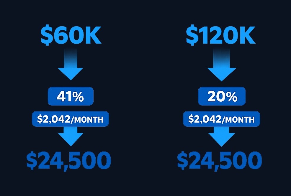 At $60,000 income, maxing out would require over 40% of gross pay—often unrealistic. At $120,000, the $24,500 limit requires about