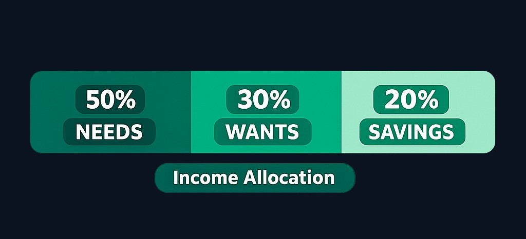 The 50/30/20 rule splits your after-tax income into three categories: 50% for essential needs (housing, utilities, groceries), 30% for discretionary wants (dining out, hobbies, subscriptions), and 20% for savings and debt payments above minimums.