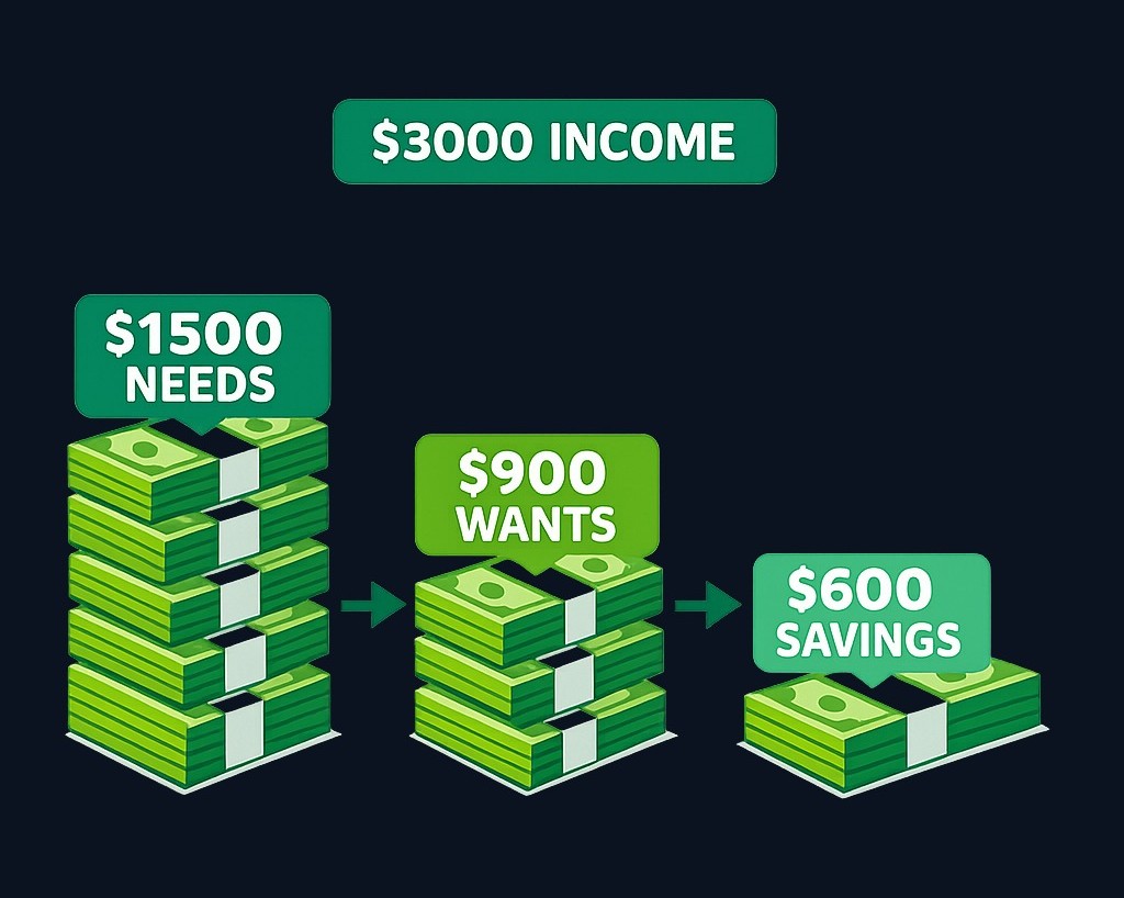 With $3,000 in monthly take-home pay, you would allocate $1,500 to needs, $900 to wants, and $600 to savings or extra debt payments.