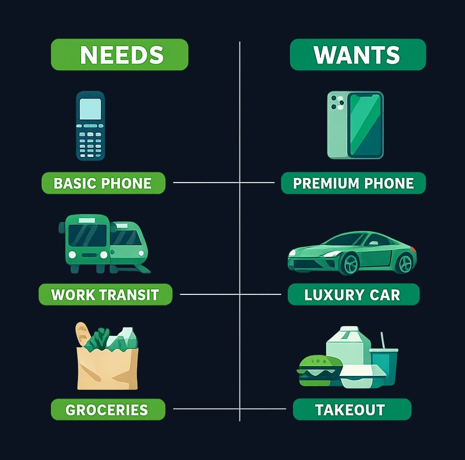 The same expense category can contain both needs and wants. A basic phone plan for work is a need; a premium device upgrade is a