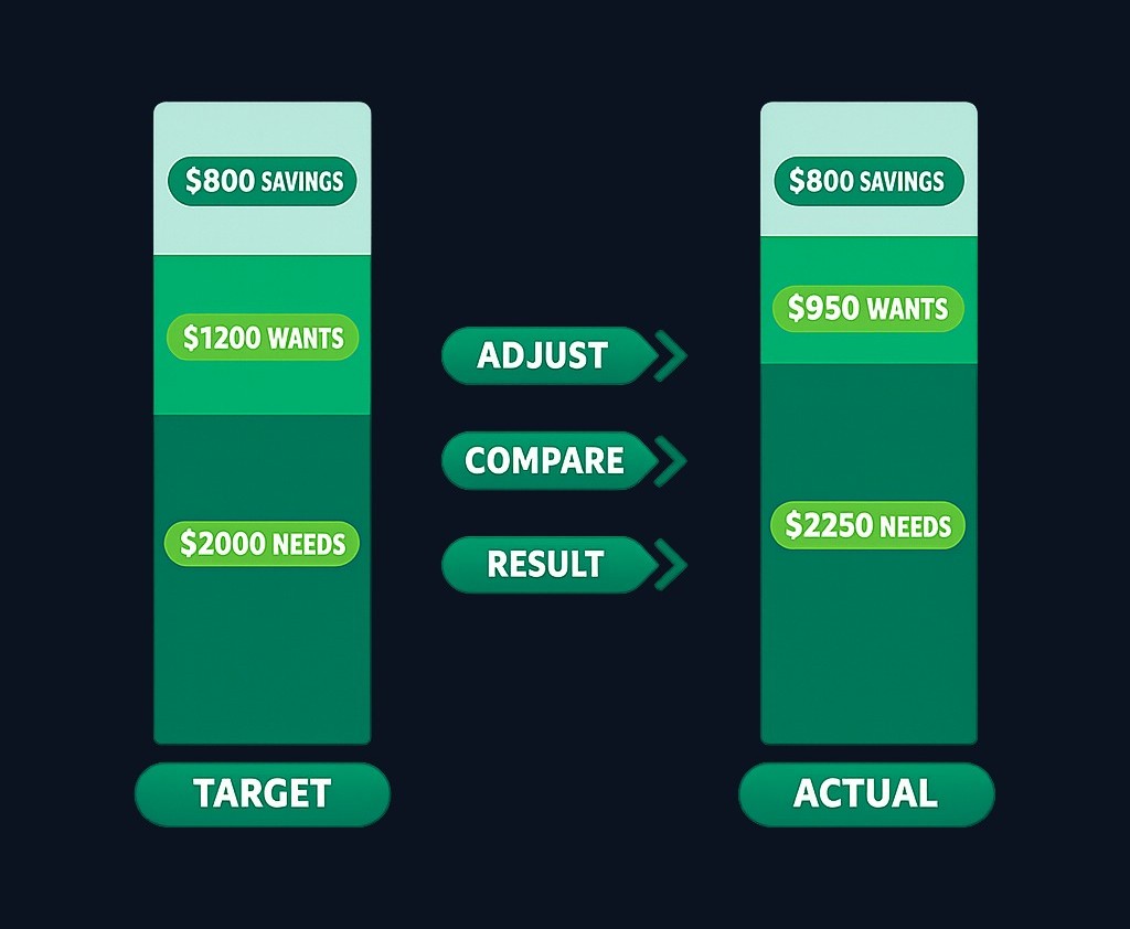 In this example, needs came in at $2,250 (56.25%) instead of the target $2,000 (50%). The person reduced wants to $950 to preserve