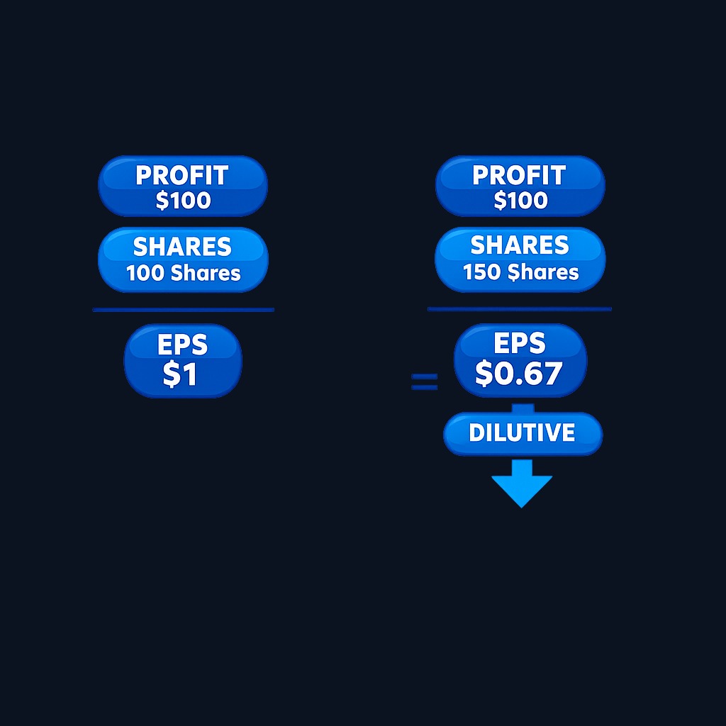 When profit stays constant but shares increase, each share gets a smaller slice of earnings (dilutive). When profit grows faster than shares, or