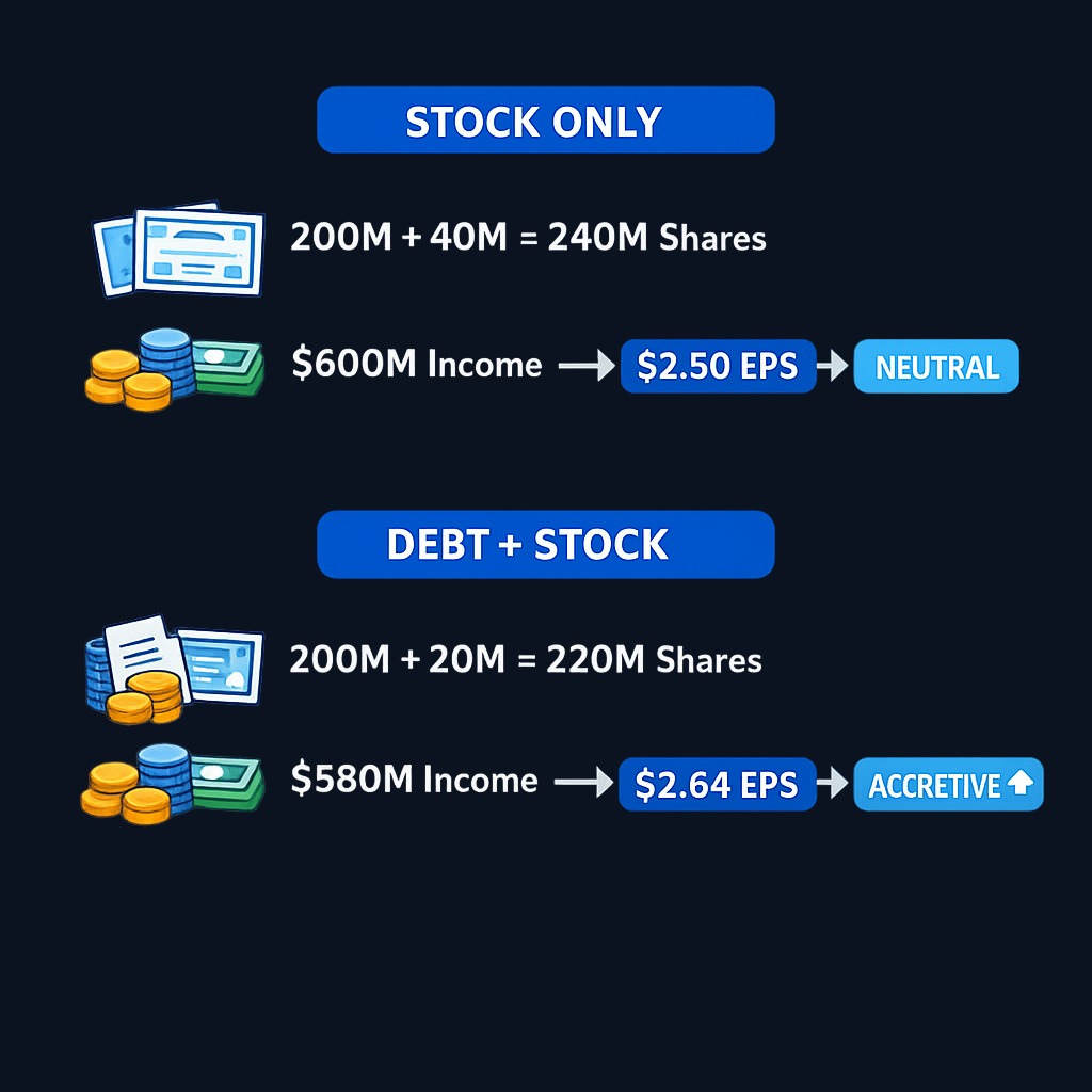 Same target company, two financing structures. Stock-only deal: 240M shares, $600M earnings → $2.50 EPS (neutral). Mixed debt-stock