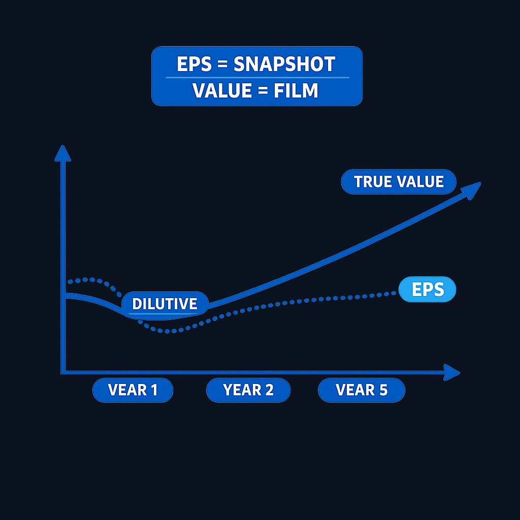 Accretive vs dilutive is a snapshot of year-one or year-two arithmetic. True value creation unfolds over time. A deal can be dilutive today yet