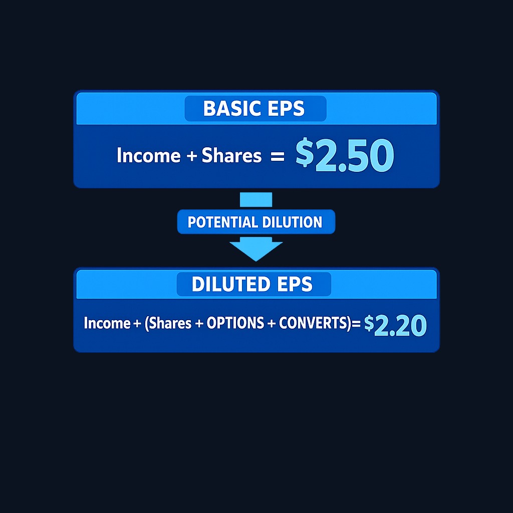 Basic EPS counts only shares outstanding today. Diluted EPS adds shares from options, warrants, and convertibles—showing the more conservative picture. A wide gap between the two signals that significant dilution may be coming.