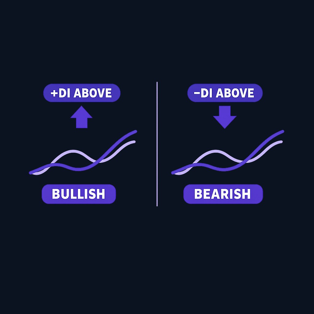 ADX measures trend strength (how powerful the move is), while the +DI and -DI lines show direction (which way the trend points). When +DI