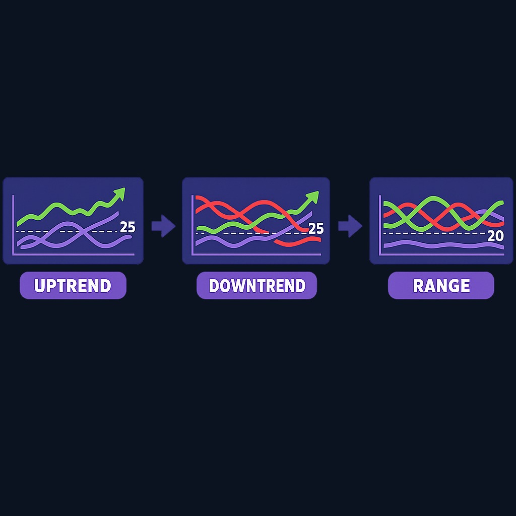Strong uptrend: +DI above -DI with ADX rising above 25. Strong downtrend: -DI above +DI with ADX rising above 25. Weak or ranging market: DI lines tangled, ADX low and flat below 20. Reading the ADX scale ADX runs from 0 to 100, but you rarely see the extremes: many markets spend most of their time in the lower half, and sustained