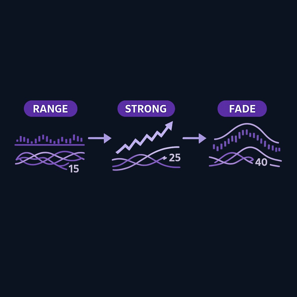 Example sequence: Market drifts sideways with ADX around 15 and DI lines tangled (no trend). Price breaks higher, +DI crosses above -DI,