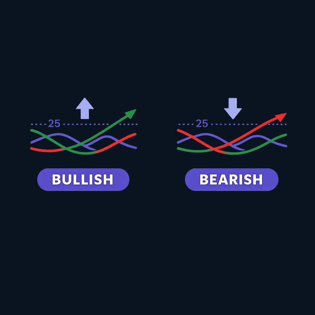 Directional crossovers: +DI crossing above -DI can be a bullish cue, while -DI crossing above +DI can be a bearish cue. These crossovers are