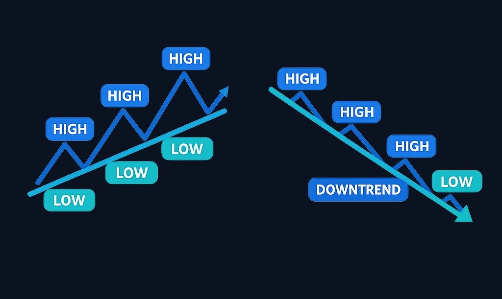 An uptrend shows higher highs and higher lows over time; a downtrend shows the opposite pattern. Trendlines connect these points to