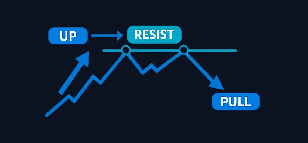 Example: price climbs steadily, pauses twice near the same level (forming resistance), then eases back. This is an uptrend meeting