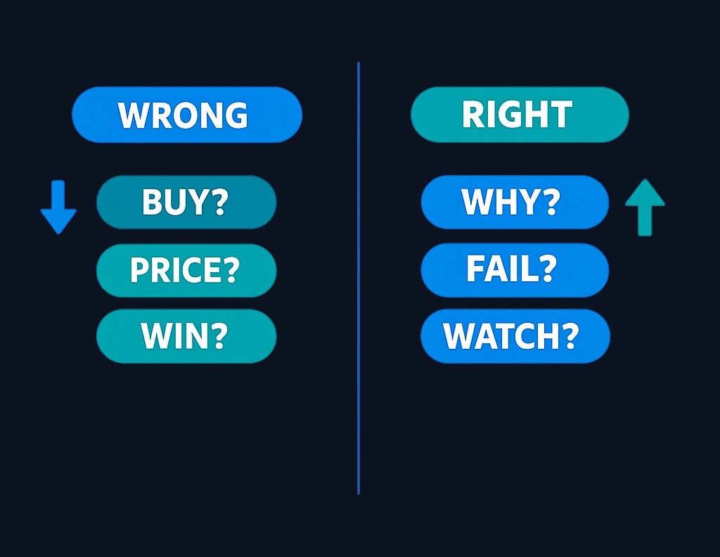 The difference between demanding a verdict and exploring scenarios. The left column treats AI as an oracle; the right column treats it as
