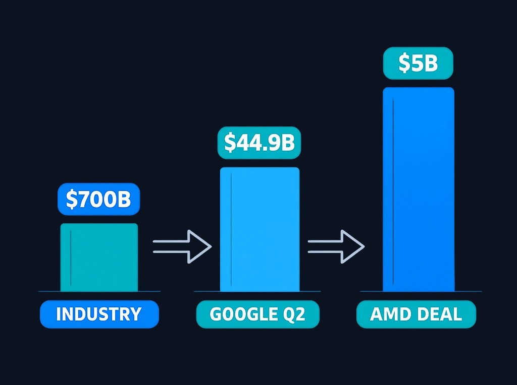 The three key spending metrics driving the 2026 AI boom: industry-wide infrastructure capex, Google's record quarterly spending, and AMD's investment in Anthropic.