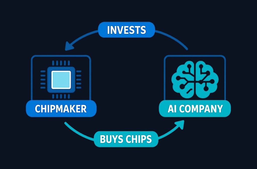 Circular financing: a chipmaker invests in an AI company, which then uses that capital to buy chips from the same chipmaker — creating a loop where supplier and customer fund each other's growth.