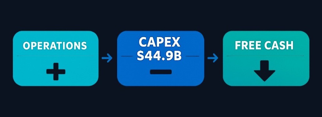 How Google's free cash flow turned negative: operations generated cash, but record AI capital spending exceeded it — leaving a negative balance. The business grew; the cash available after investment shrank.