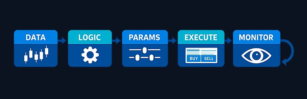 Every trading bot follows this pipeline: it reads market data (inputs), applies strategy logic and parameters, executes orders through an API, and requires ongoing monitoring. The quality of each step determines whether the bot helps or harms.