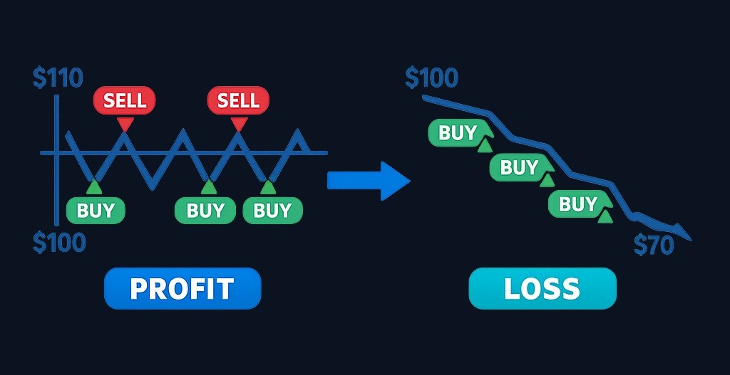A grid bot profits in sideways markets by buying dips and selling rises at fixed intervals. But in a downtrend, it keeps buying as price falls,