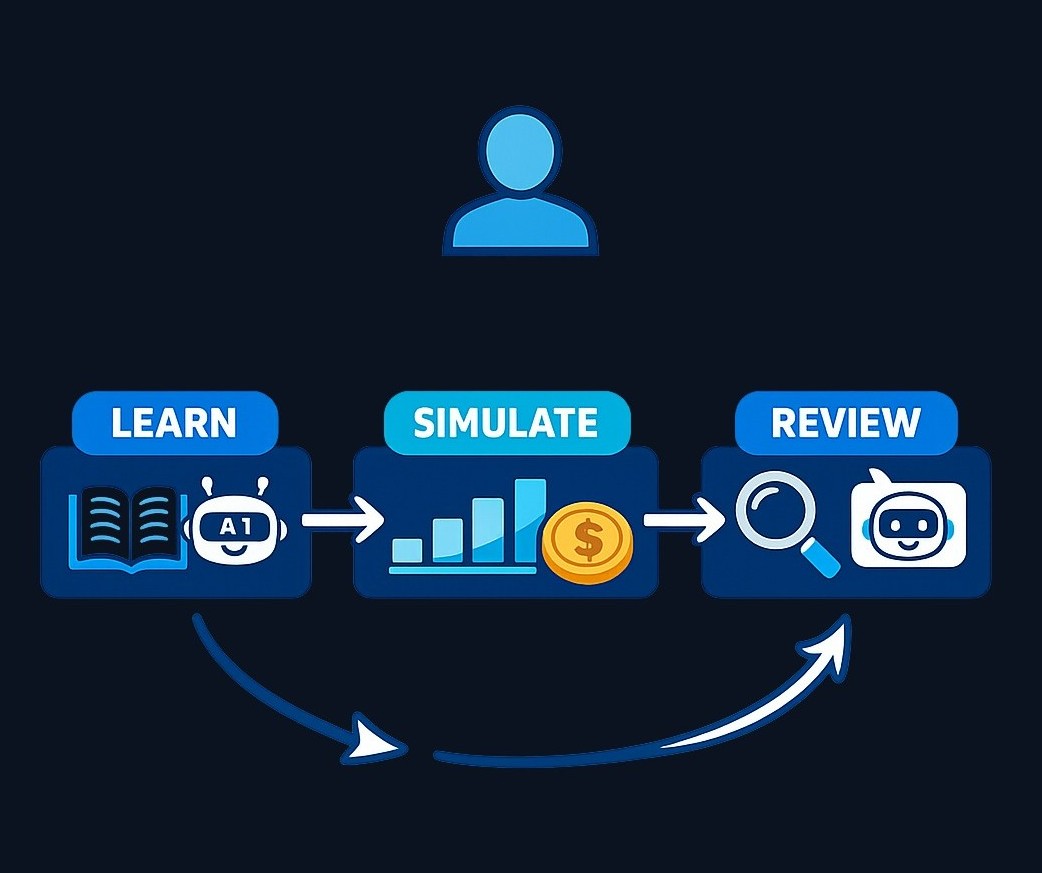 The beginner-safe AI workflow: Learn concepts with AI explanation, practice decisions in a simulator with virtual funds, then review trades with AI feedback. AI assists at every step but never replaces your judgment.