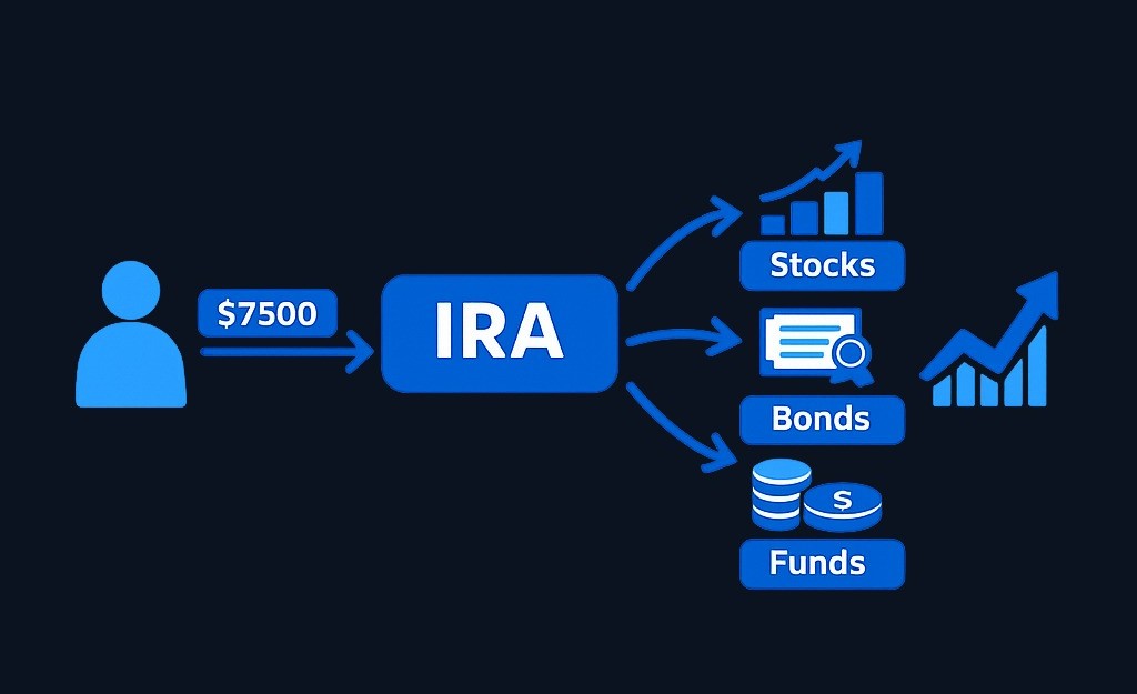 An IRA is an investment account you control: you contribute up to the annual limit, invest in assets like stocks and bonds, and the account grows based on market performance.