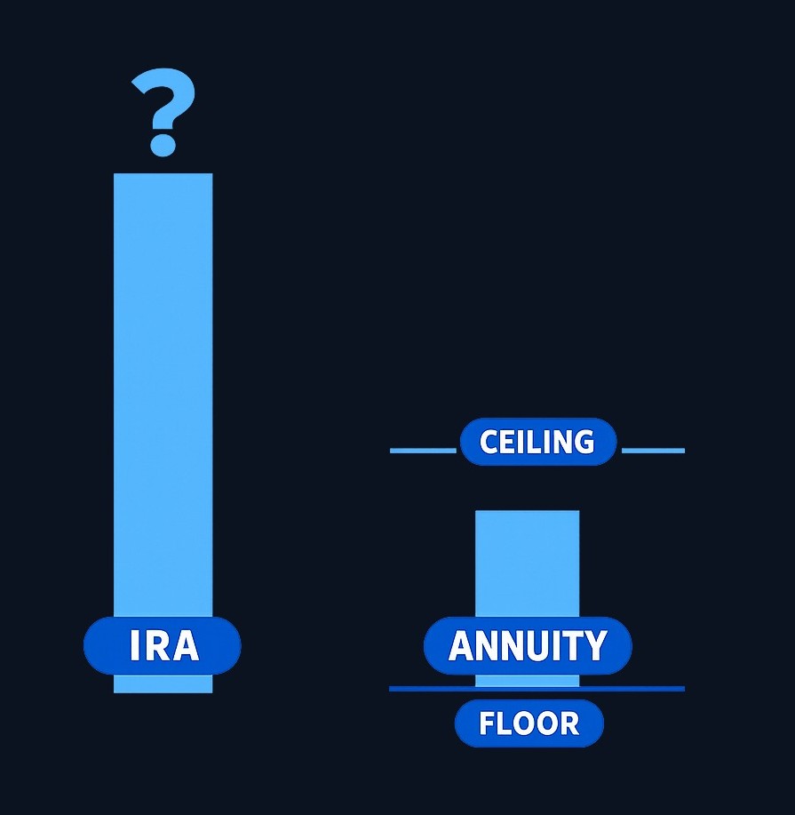 The fundamental tradeoff: IRAs offer unlimited growth potential with market risk and no income floor. Annuities cap your growth but