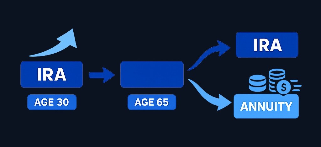 A typical strategy: spend decades growing savings in an IRA, then near retirement convert a portion into an annuity to secure guaranteed income while keeping some funds invested for growth.