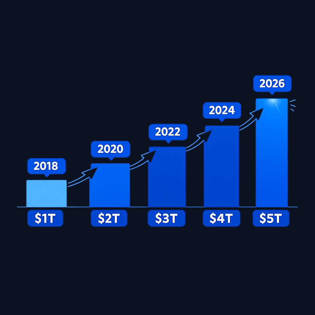 Apple's market cap grew five-fold in eight years — from the first trillion-dollar company in 2018 to briefly touching $5 trillion in 2026. The chart shows the magnitude of growth even for an already-massive company.