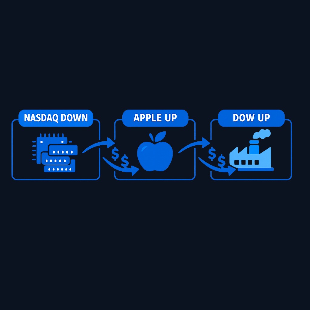 This week's market action showed classic rotation: money didn't leave stocks, it moved from high-risk tech (Nasdaq down, chip stocks down 5%) to defensive tech (Apple up, touching $5T) and traditional blue chips (Dow up). Same money, different addresses.