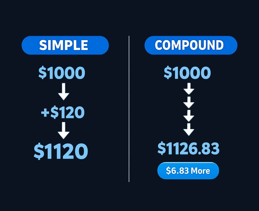 Comparing two scenarios with $1,000 at a hypothetical 12% rate for one year. Simple interest (left) adds $120 once at year-end for a total