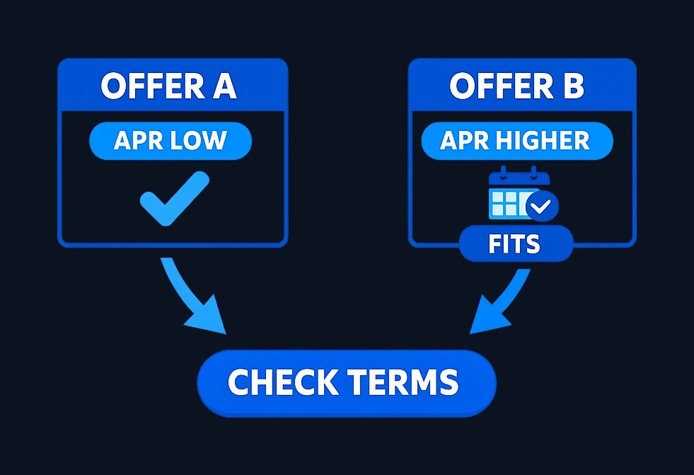 Borrowing comparison: Offer A shows a lower APR, making it look cheaper. Offer B has a slightly higher APR but a payment schedule