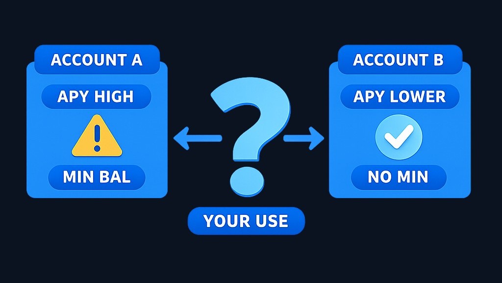 Savings comparison: Account A advertises a higher APY but requires a minimum balance and charges fees if you fall below it. Account B