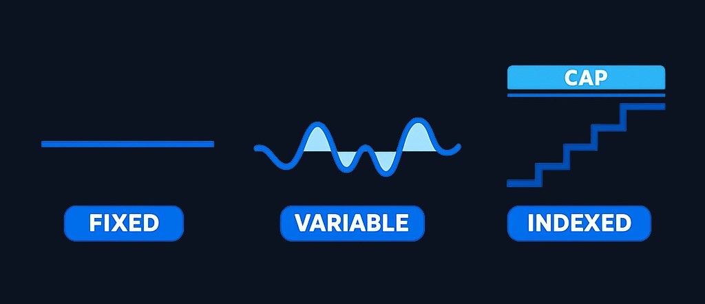 The three main annuity types: Fixed offers predictable payments with limited upside, Variable ties returns to market performance with complexity, and Indexed attempts a middle ground using formulas with caps and limits.