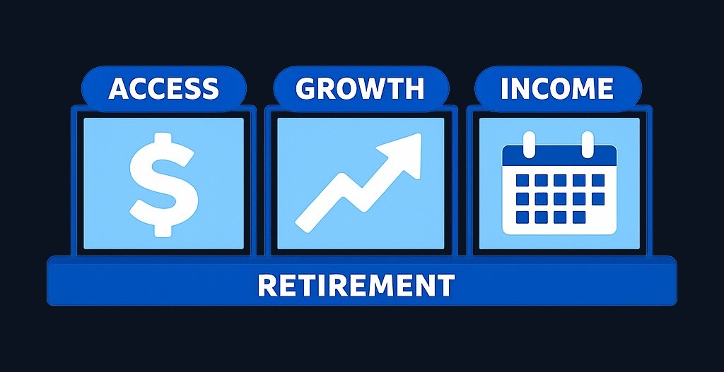 Balanced retirement allocation approach: divide assets among flexible savings for emergencies, growth investments for long-term appreciation, and structured income sources like annuities for baseline needs.