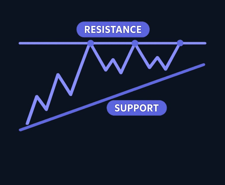 An ascending triangle has a flat horizontal resistance (top) and a series of higher lows (rising bottom) that converge into a triangle shape.