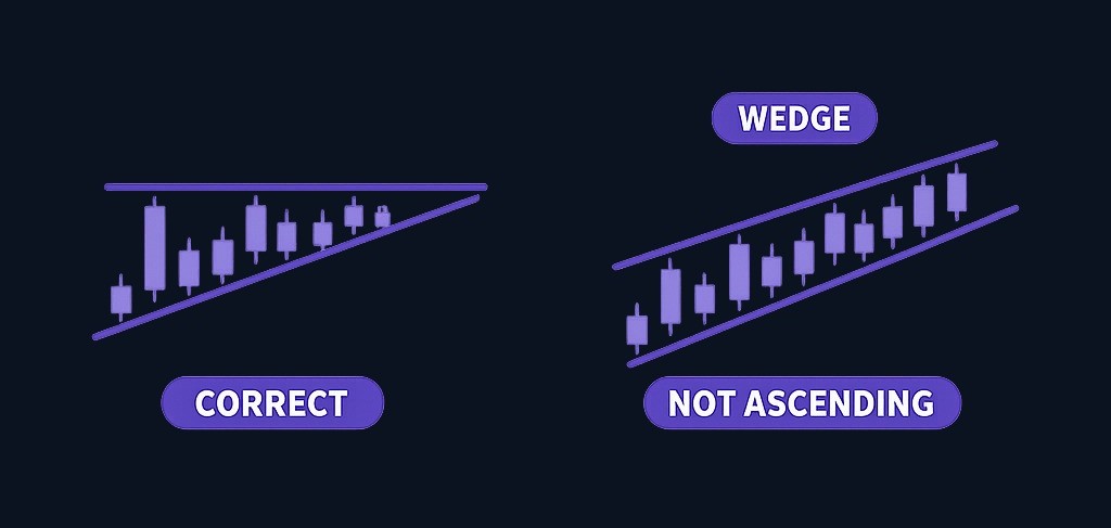 The flat top is what defines an ascending triangle. If the upper line slopes upward, you're looking at a wedge or channel, not an ascending