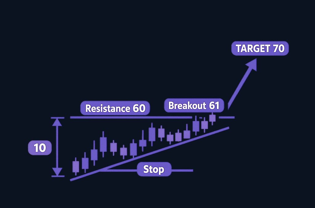 The measured move projects the target by taking the triangle's maximum height (10 in this example) and adding it to the breakout level (60), giving a target of 70. The stop is often placed below the last higher low.