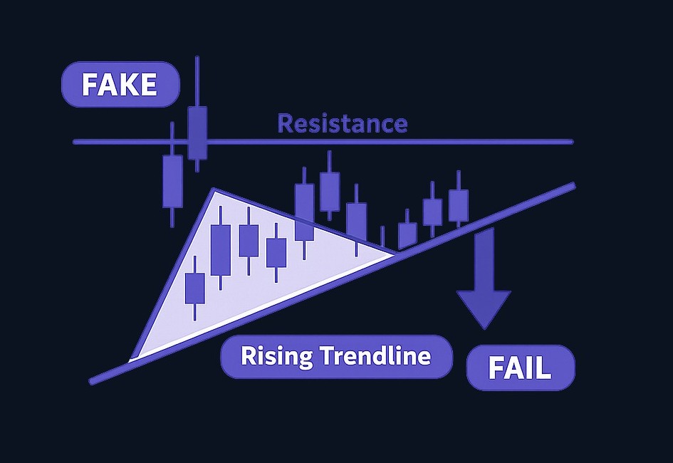 A failed ascending triangle often shows price poking above resistance on a wick but failing to close there, or closing above on weak volume and quickly losing the level. The rising trendline can also break first, invalidating the bullish setup.