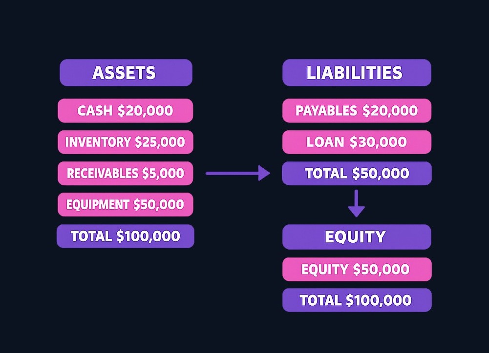 Example balance sheet for a small retailer on December 31. Assets ($100,000) equal Liabilities ($50,000) plus Equity ($50,000). The